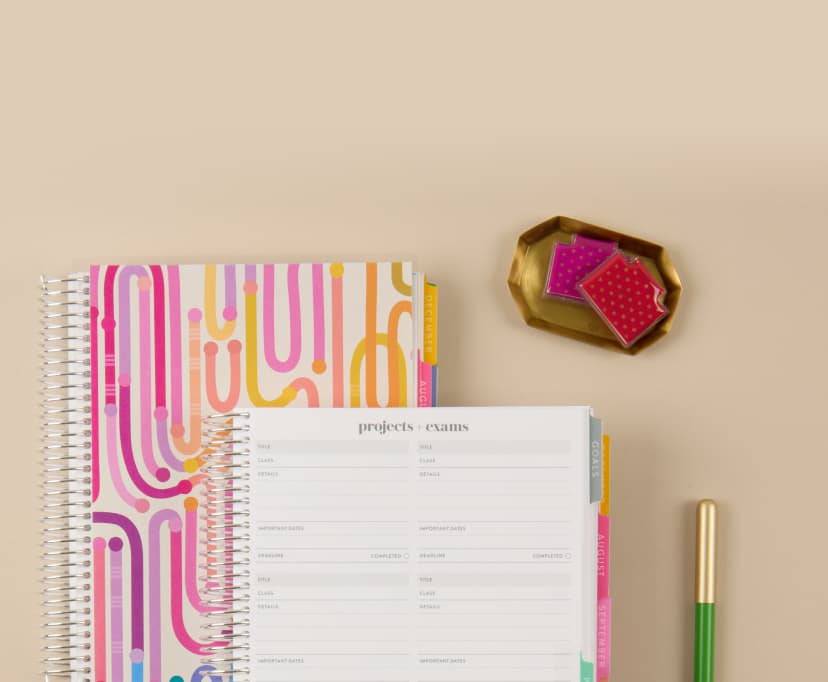 Academic Planners with pens and accessories showing Projects & Exams layout.